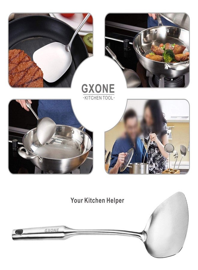 GXONE Wok Spatula Stainless Steel, Wide Metal Spatula with Hollow Long Handle Wok Utensils,Silver/14.7Inch - Image 4