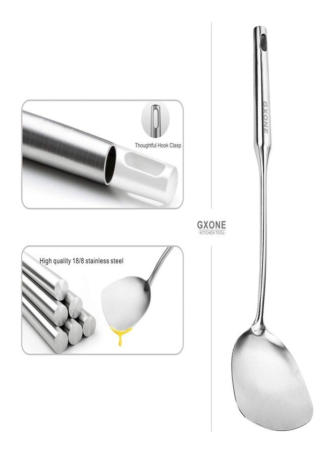 GXONE Wok Spatula Stainless Steel, Wide Metal Spatula with Hollow Long Handle Wok Utensils,Silver/14.7Inch - Image 3