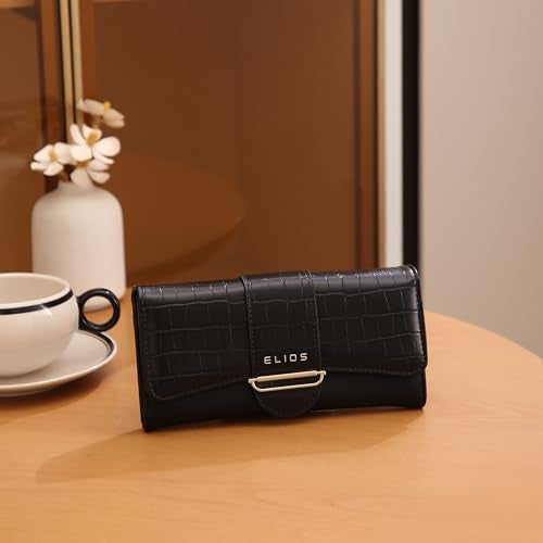 Elios Women's Croc-Embossed PU Leather Wallet Clutch Phone Holder Card Organizer Zipper Pockets Wallet Purse for Women and Ladies I Gift for Women (Black) - Image 3