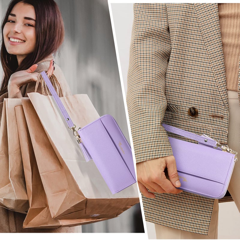 Travelambo Womens Wallet Tassel Bifold Ladies Clutch Wristlet Wrist strap Long Purse (CH Light Purple) - Image 3