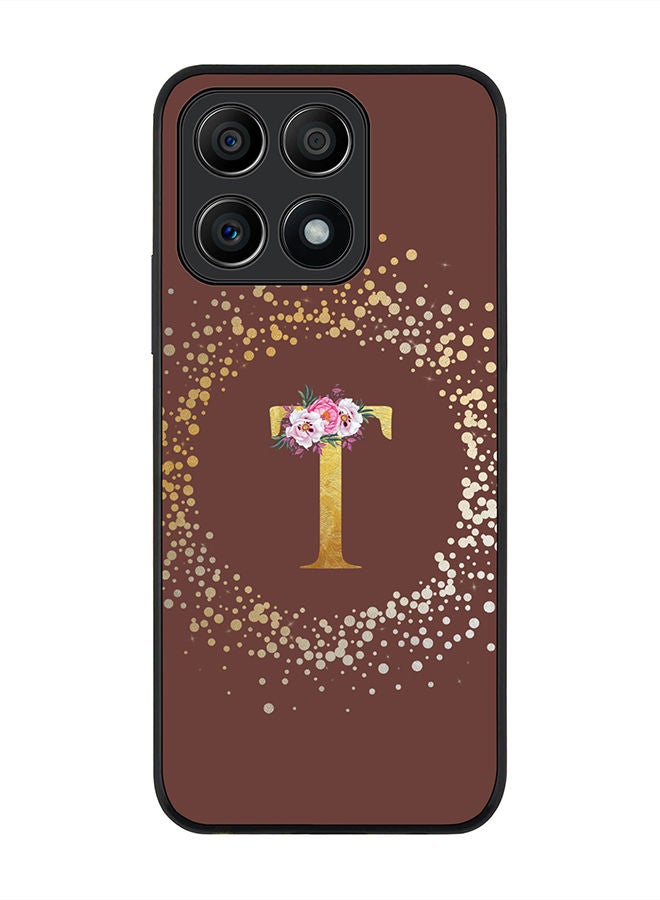 Stylizedd Rugged Black edge case for Honor X8A 4G Slim fit Soft Case Flexible Rubber Edges Anti Drop TPU Gel Thin Cover - Custom Monogram Initial Letter Floral Pattern Alphabet - T (Brown) - Image 1