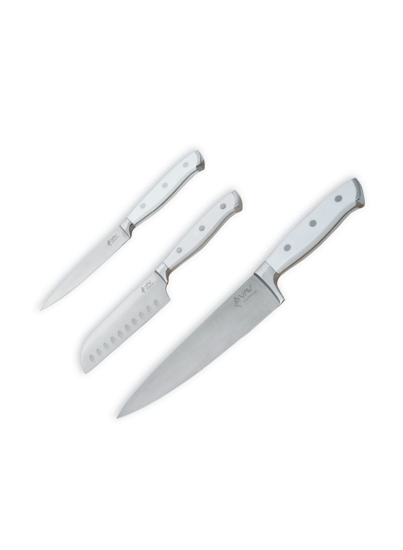 VAV V A V PREMIUM 3-Piece Knives Set. Set includes: 8-inch Chef, 5-inch Santoku & Utility Knives. Comfortable White Handle and Professional Stainless Steel with Long-Lasting Sharpness. - Image 1