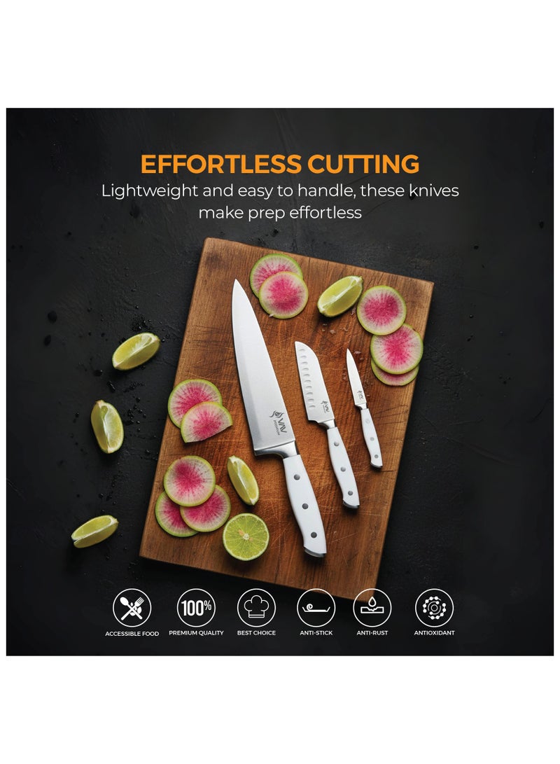 VAV V A V PREMIUM 3-Piece Knives Set. Set includes: 8-inch Chef, 5-inch Santoku & Utility Knives. Comfortable White Handle and Professional Stainless Steel with Long-Lasting Sharpness. - Image 2