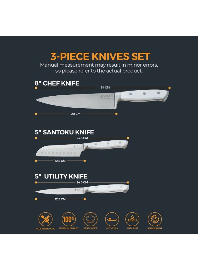 VAV V A V PREMIUM 3-Piece Knives Set. Set includes: 8-inch Chef, 5-inch Santoku & Utility Knives. Comfortable White Handle and Professional Stainless Steel with Long-Lasting Sharpness. - Image 4