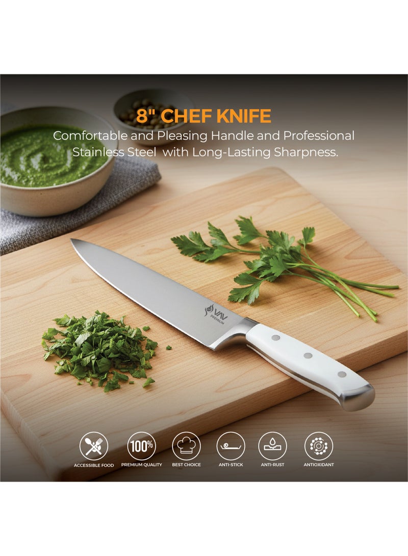 VAV V A V PREMIUM 3-Piece Knives Set. Set includes: 8-inch Chef, 5-inch Santoku & Utility Knives. Comfortable White Handle and Professional Stainless Steel with Long-Lasting Sharpness. - Image 5