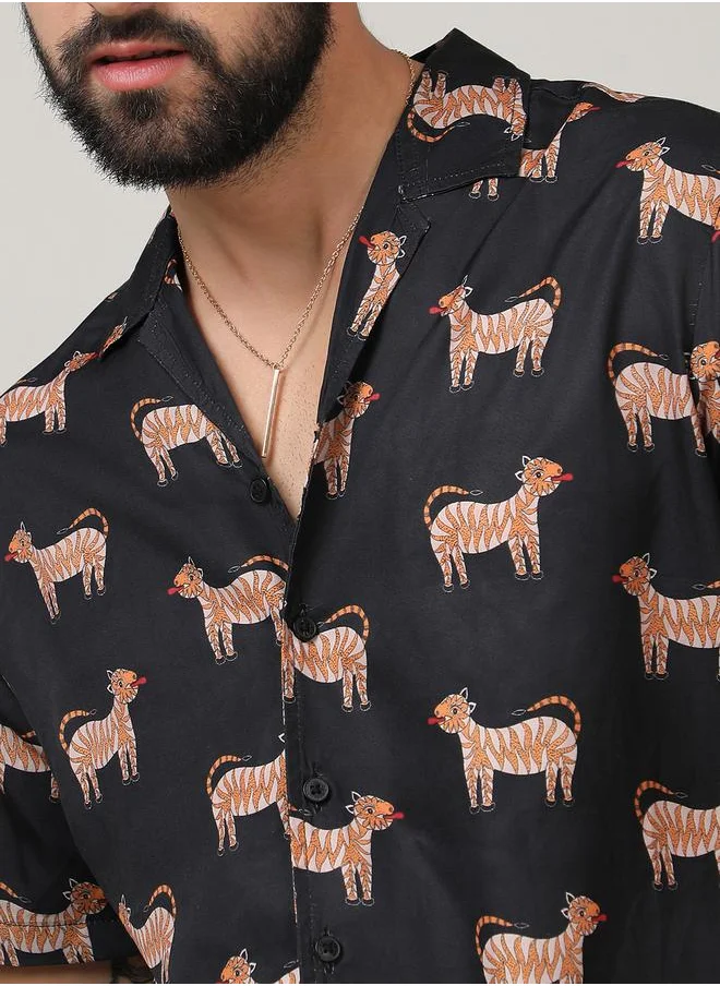 كامبوس سوترا Tiger Print Casual Shirt with Buttons by Styli
