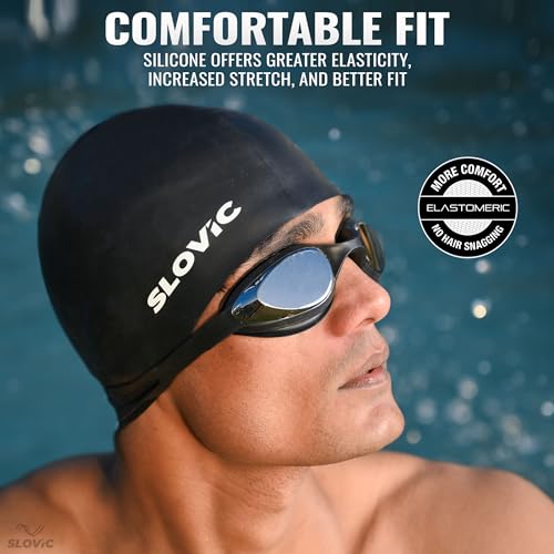 Slovic Swimming Cap for Men & Women [Black] | Swimming Caps for Women with Long Hair | Swimming Accessories for Men & Women | Unisex & Waterproof Silicon Cap to Prevent Chemical Damage | Free Size - Image 4