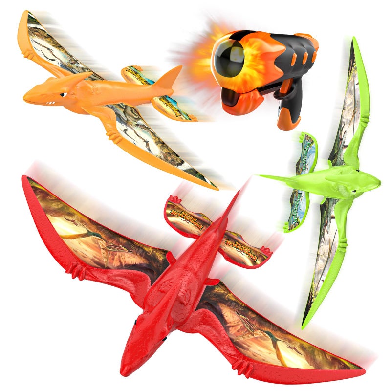 Aiencsai 3 Pack Dinosaur Airplane Launcher Toys for Kids, Foam Airplanes for Kids Boys Toys with Stickers, Outdoor Flying Toys Birthday Gifts for 4 5 6 7 8 9 10 12 Year Old Boys Girls. - Image 1