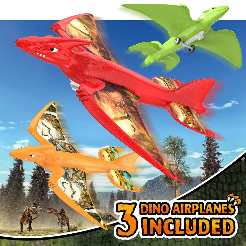 Aiencsai 3 Pack Dinosaur Airplane Launcher Toys for Kids, Foam Airplanes for Kids Boys Toys with Stickers, Outdoor Flying Toys Birthday Gifts for 4 5 6 7 8 9 10 12 Year Old Boys Girls. - Image 2
