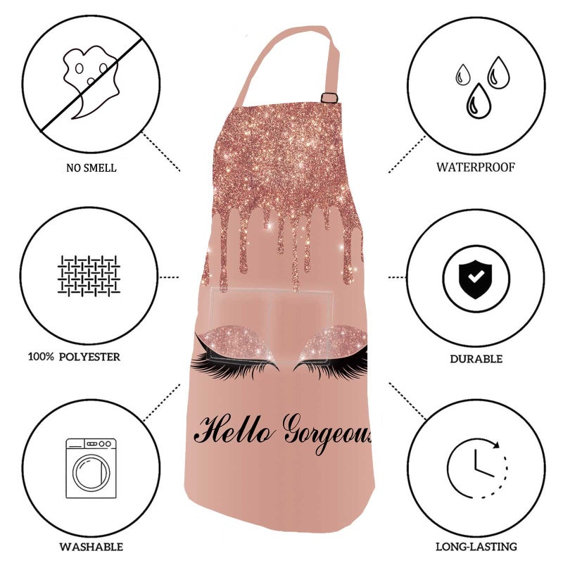 SSCSTS Hello Gorgeous Unicorn Eyelash Apron with 2 Pockets  26.5x33.1in  Adjustable Size Bib Rose Gold Aprons for Men Women Kitchen Cooking Baking Gardening WQLSSS18 - Image 2