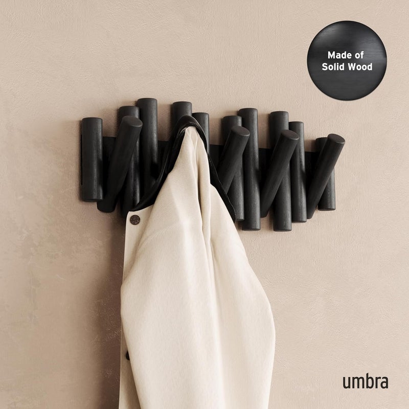 UMBRA Picket Wall-Mounted Coat Rack Rail Hook with 5 Retractable Wood Pegs – Modern, Space-Saving Storage Organizer, Black - Image 2