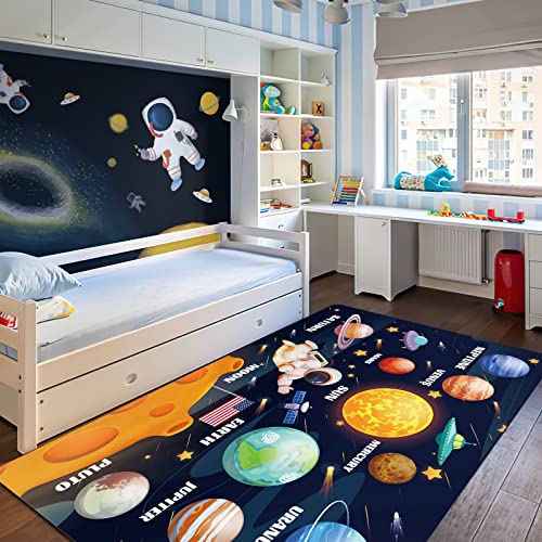 LTKOUGFAM Kids Play Rug for Playroom, Outer Space Rug Solar System Educational Rug Kids Baby Floor Mat, Kid Play Carpet for Children Bedroom Classroom (59X39.4 in, Planet 1) - Image 1