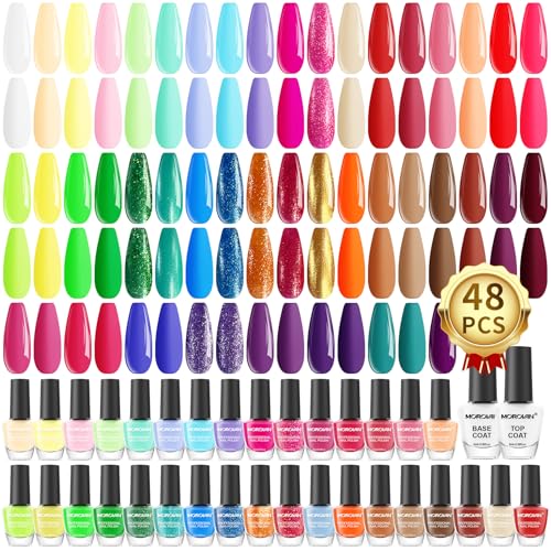 Morovan Nail Polish Set Fingernail 48PC Air Quick Dry Nail Polish Kit with 2PC Base Top Coat Regular Nail Pack Finger Nail Bulk Gift for Women Girls - Image 1