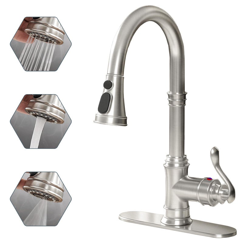 BATHLAVISH Kitchen Sink Faucet with Pull Down Sprayer Brushed Nickel Kitchen Faucet Commercial Kitchen Faucet 3 Outlet Mode Brush Nickel Farmhouse Single Handle RV with 10Inch Deck Plate