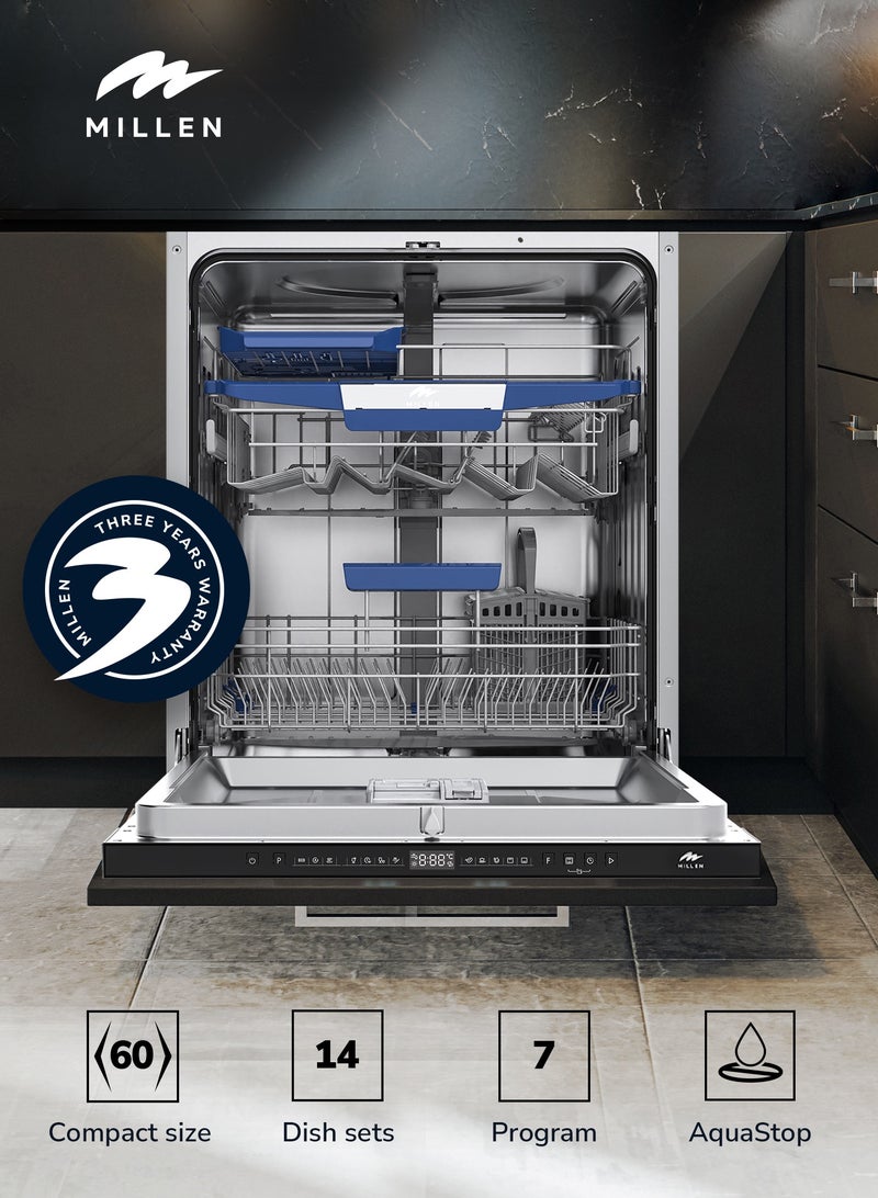 MILLEN Built-in Dishwasher - Large Capacity, Auto Open, Side Indicator, 14 place settings, 3Y Warranty, MDW 60732 Stainless steel - Image 2
