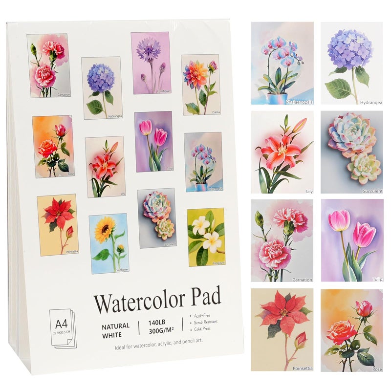 RGBMIX 12 Sheets Flower Watercolor Paper Book 9x12'' Watercoloring Paper Pad Arts 100% Cotton Water Coloring Pad Paint Stress-Relief Painting Art Painting Supplies Ideal for Beginners - Image 1