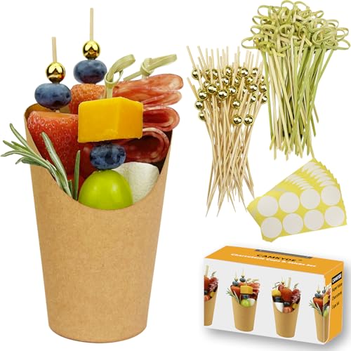 CAMKYDE 50 Charcuterie Cups + 200 Cocktail Picks + 56 Labels, 12 oz Disposable Charcuterie Cups with Sticks (2 Types), French Fry Cup Brown Paper Appetizer Cup for all Occasions - Image 1