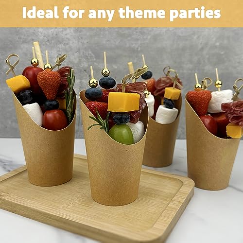 CAMKYDE 50 Charcuterie Cups + 200 Cocktail Picks + 56 Labels, 12 oz Disposable Charcuterie Cups with Sticks (2 Types), French Fry Cup Brown Paper Appetizer Cup for all Occasions - Image 3
