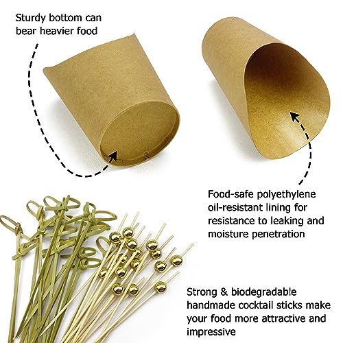 CAMKYDE 50 Charcuterie Cups + 200 Cocktail Picks + 56 Labels, 12 oz Disposable Charcuterie Cups with Sticks (2 Types), French Fry Cup Brown Paper Appetizer Cup for all Occasions - Image 5