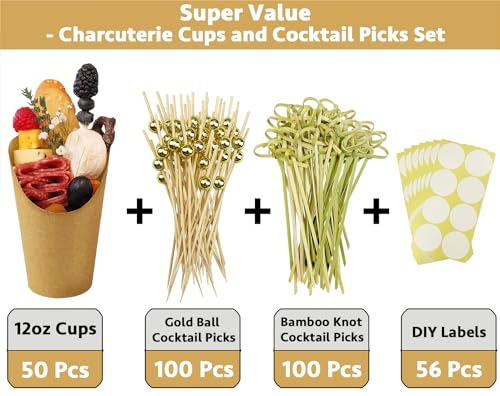 CAMKYDE 50 Charcuterie Cups + 200 Cocktail Picks + 56 Labels, 12 oz Disposable Charcuterie Cups with Sticks (2 Types), French Fry Cup Brown Paper Appetizer Cup for all Occasions - Image 2