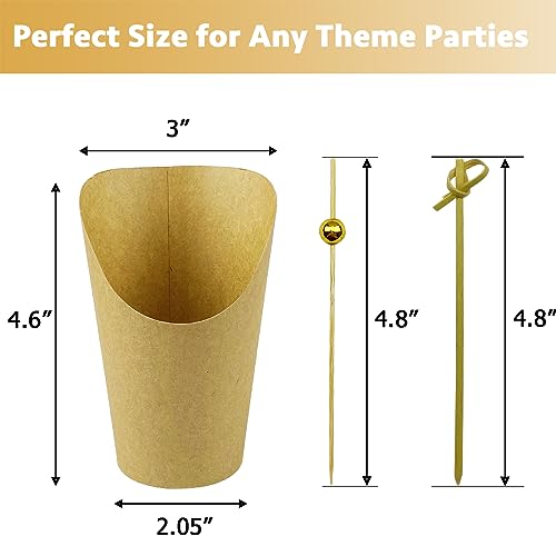CAMKYDE 50 Charcuterie Cups + 200 Cocktail Picks + 56 Labels, 12 oz Disposable Charcuterie Cups with Sticks (2 Types), French Fry Cup Brown Paper Appetizer Cup for all Occasions - Image 4
