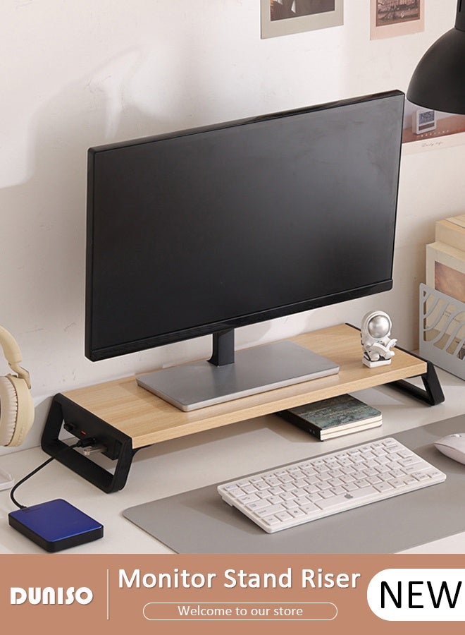 DUNISO حامل شاشة سطح المكتب، حامل خشبي بارتفاع مريح، حامل لابتوب مع منفذ بيانات USB، منظم مكتب لسطح المكتب، حامل شاشة لجهاز الكمبيوتر/اللابتوب/التلفاز/الطابعة للاستخدام المنزلي والمكتبي - Image 1