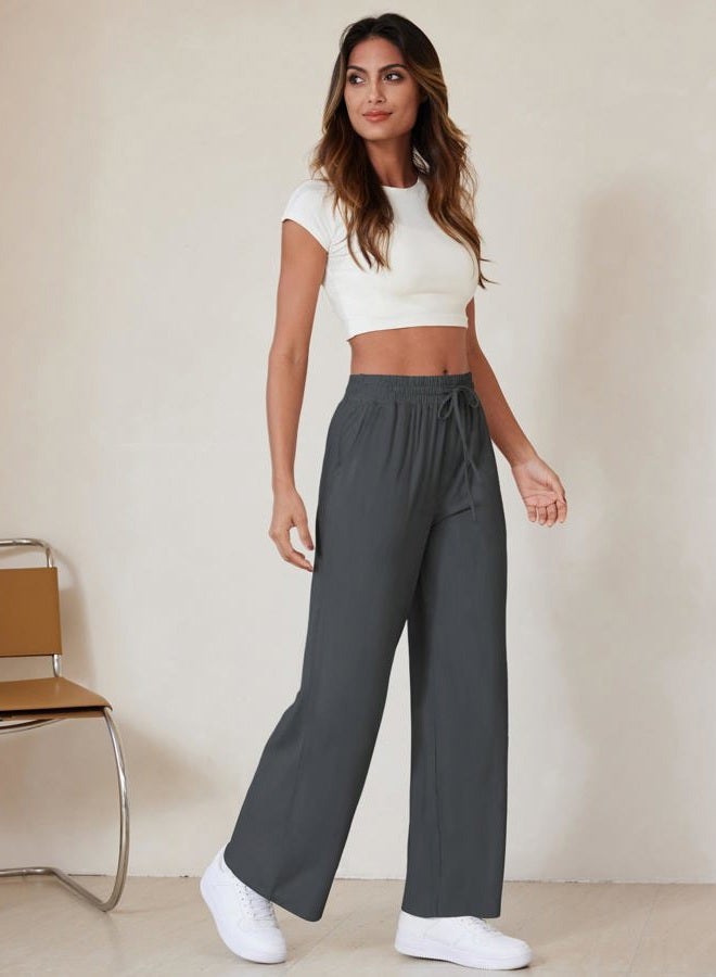 DLOODA Wide Leg Pants Women High Waisted Slacks Lounge Baggy Flowy Palazzo Pants with Pockets, Deep Grey, M - Image 3