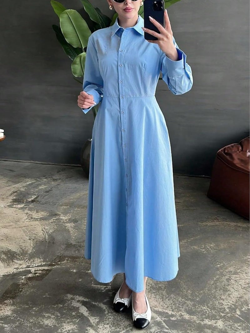 Women's Classic Blue Shirt Dress - Long Sleeve Maxi Dress with Button Front and Collar Design - Image 1