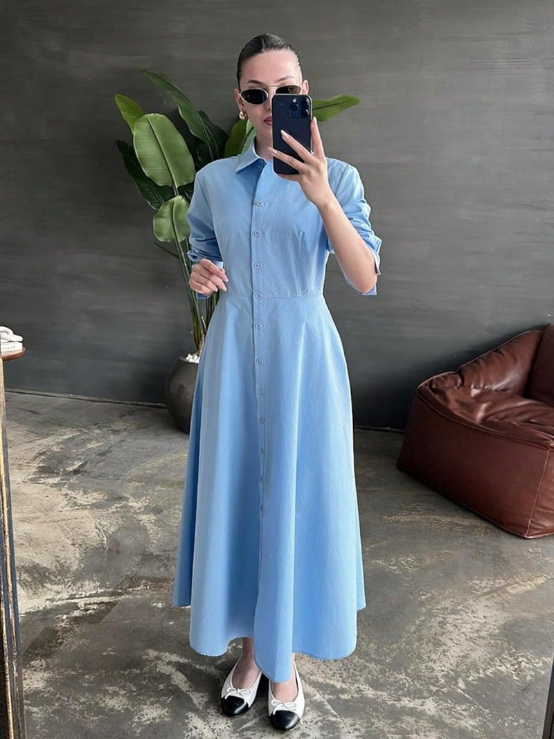 Women's Classic Blue Shirt Dress - Long Sleeve Maxi Dress with Button Front and Collar Design - Image 4