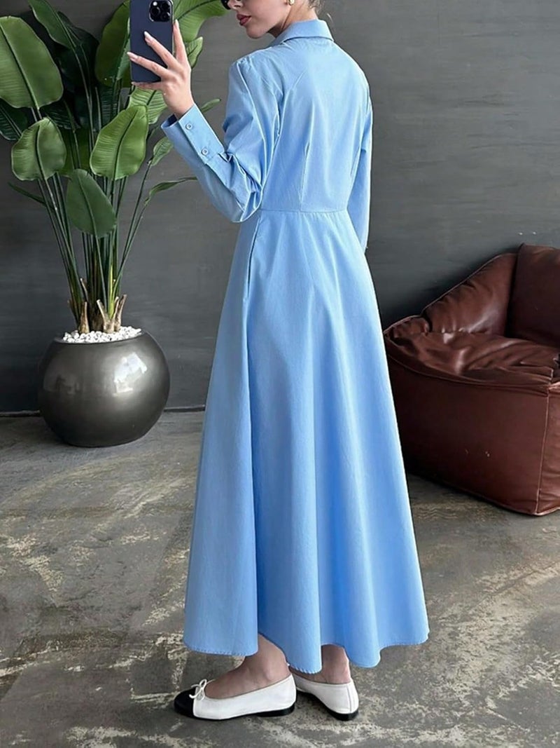 Women's Classic Blue Shirt Dress - Long Sleeve Maxi Dress with Button Front and Collar Design - Image 2