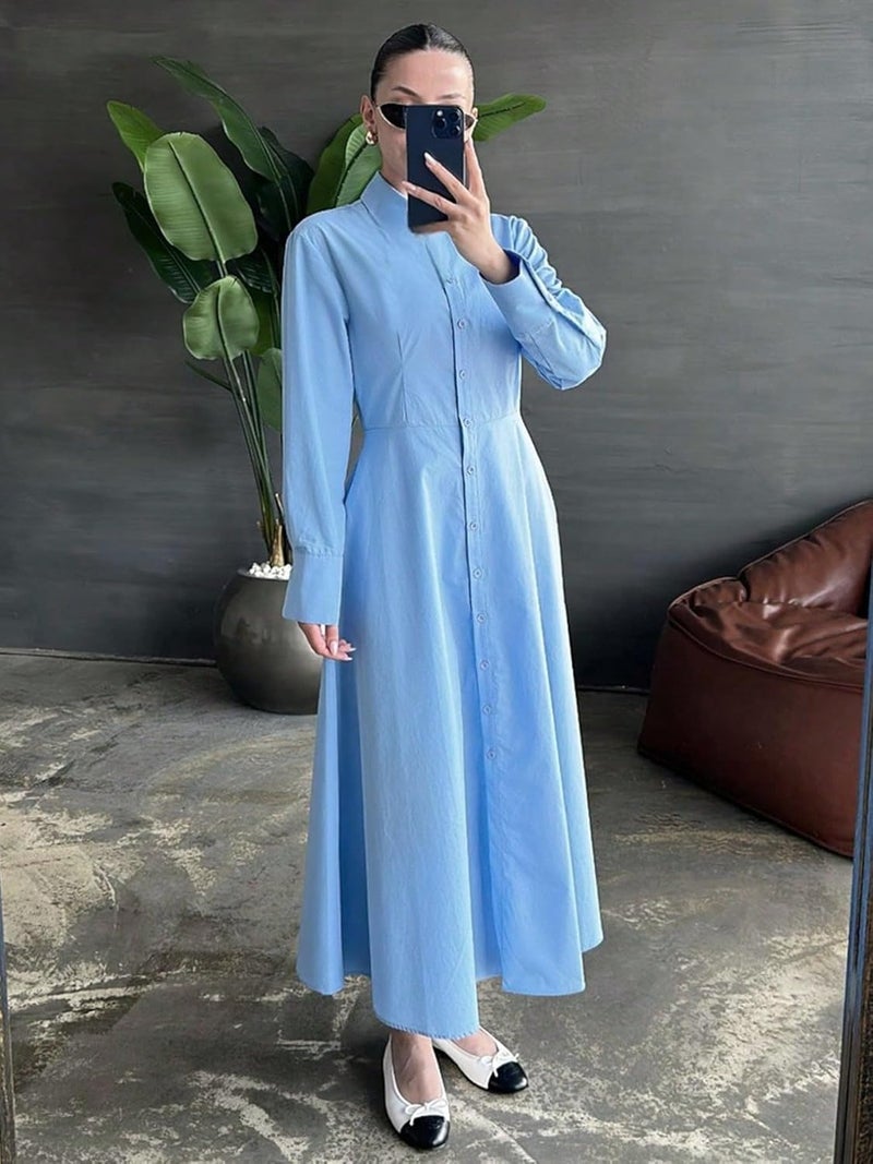 Women's Classic Blue Shirt Dress - Long Sleeve Maxi Dress with Button Front and Collar Design - Image 3