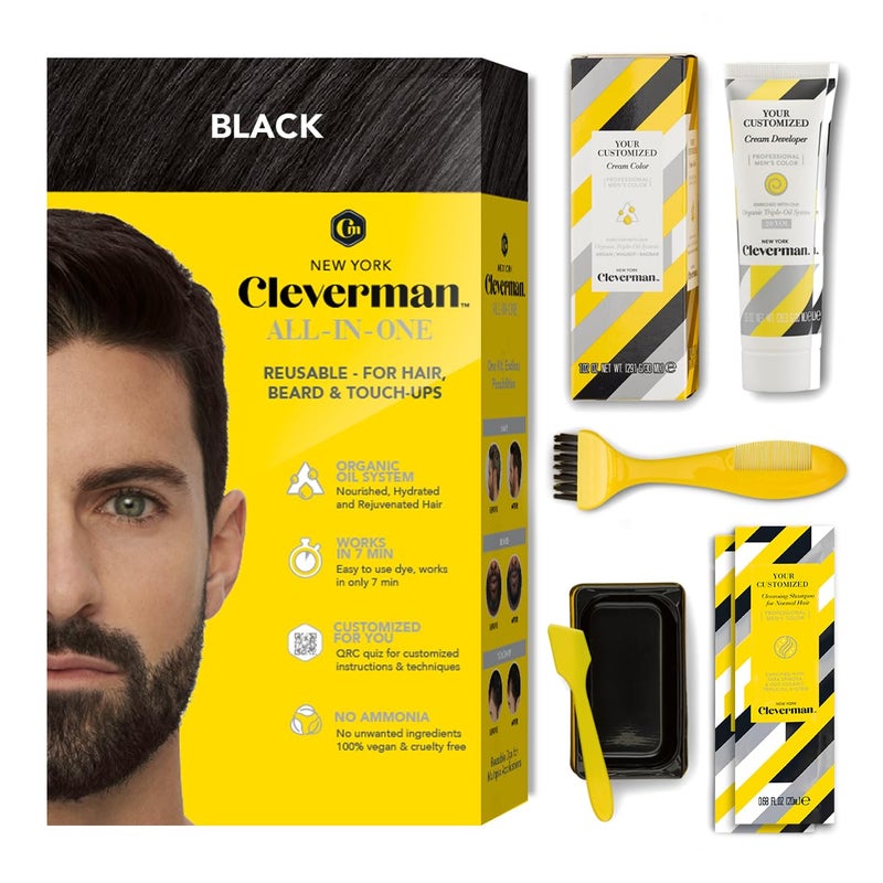 CLEVERMAN Black Hair  Beard Dye for Men AllinOne Reusable Kit  NaturalLooking Gray Coverage ProfessionalQuality AmmoniaFree 338 Fl Oz 1 Pack Black Suitable for Black Hair