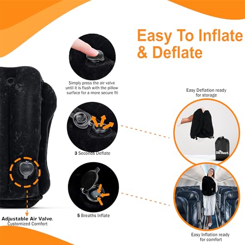 Skyrest Inflatable Travel Pillow - Airplane Pillow for Neck Support on Long Flights, Buses, Cars, Office & Trains - Comes with Eye Mask, Earplugs & Portable Drawstring Bag - Black - Image 4