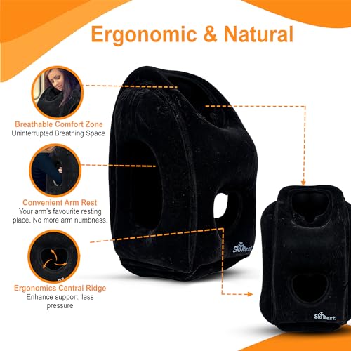 Skyrest Inflatable Travel Pillow - Airplane Pillow for Neck Support on Long Flights, Buses, Cars, Office & Trains - Comes with Eye Mask, Earplugs & Portable Drawstring Bag - Black - Image 5