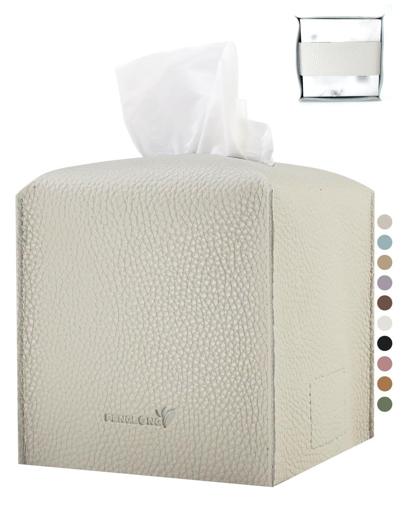 PENGLONG Tissue Box Cover 5X5X5'' PU Leather Tissue Holder Square Tissue Cube Box Organizer for Bathroom Vanity Countertop, Car, Night Stands, Office, Home, Kitchen (1Pack, Lime White) - Image 1