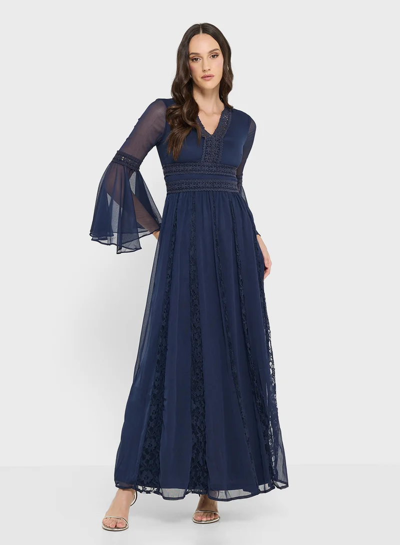 Frock and Frill Flared Sleeve V-Neck Maxi Dress