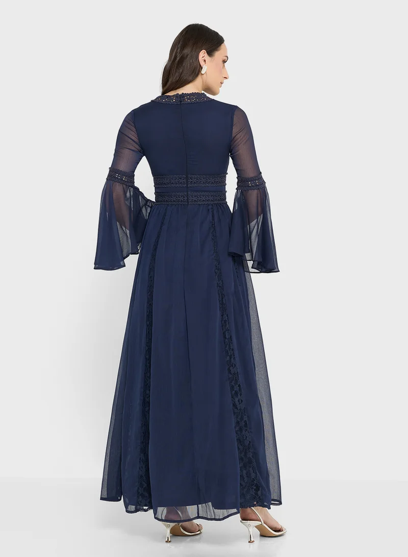 Frock and Frill Flared Sleeve V-Neck Maxi Dress