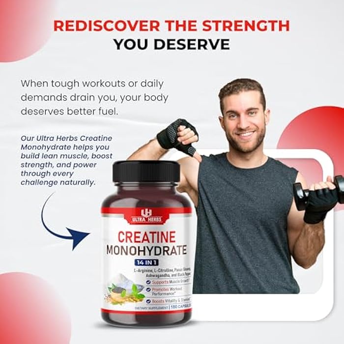 ULTRA HERBS Ultra Creatine Pills | Creatine Monohydrate Capsules Enhanced with L-Arginine, L Citrulline, Ginseng | Support Stamina, Energy & Muscle Growth | 180 Capsules - Image 2