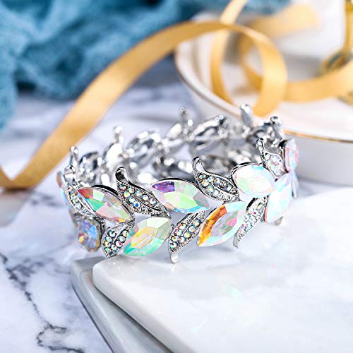 BriLove Wedding Bridal Bracelet for Women Bride Marquise-Shape Leaf Stretch Bangle Bracelets for Party Prom Iridescent AB Silver-Tone - Image 4