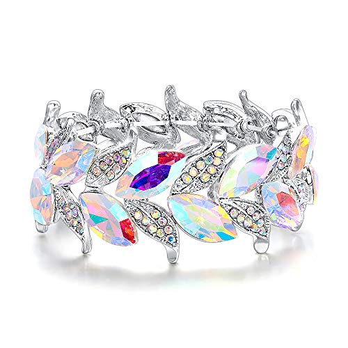 BriLove Wedding Bridal Bracelet for Women Bride Marquise-Shape Leaf Stretch Bangle Bracelets for Party Prom Iridescent AB Silver-Tone - Image 1