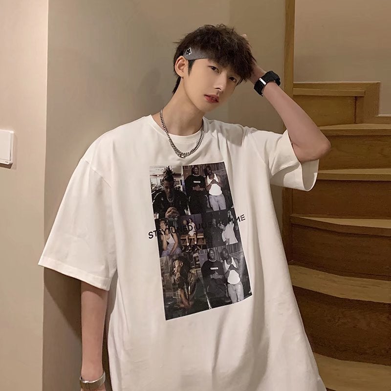 OVERSIZE Short-sleeved T-shirt Men's ins Trendy Brand Loose All-match Casual Hong Kong Style Retro Half-sleeved T-shirt Top for Students - Image 1