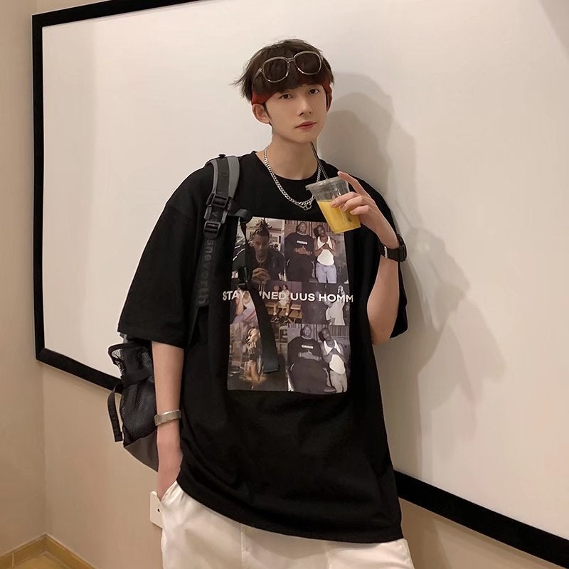 OVERSIZE Short-sleeved T-shirt Men's ins Trendy Brand Loose All-match Casual Hong Kong Style Retro Half-sleeved T-shirt Top for Students - Image 3