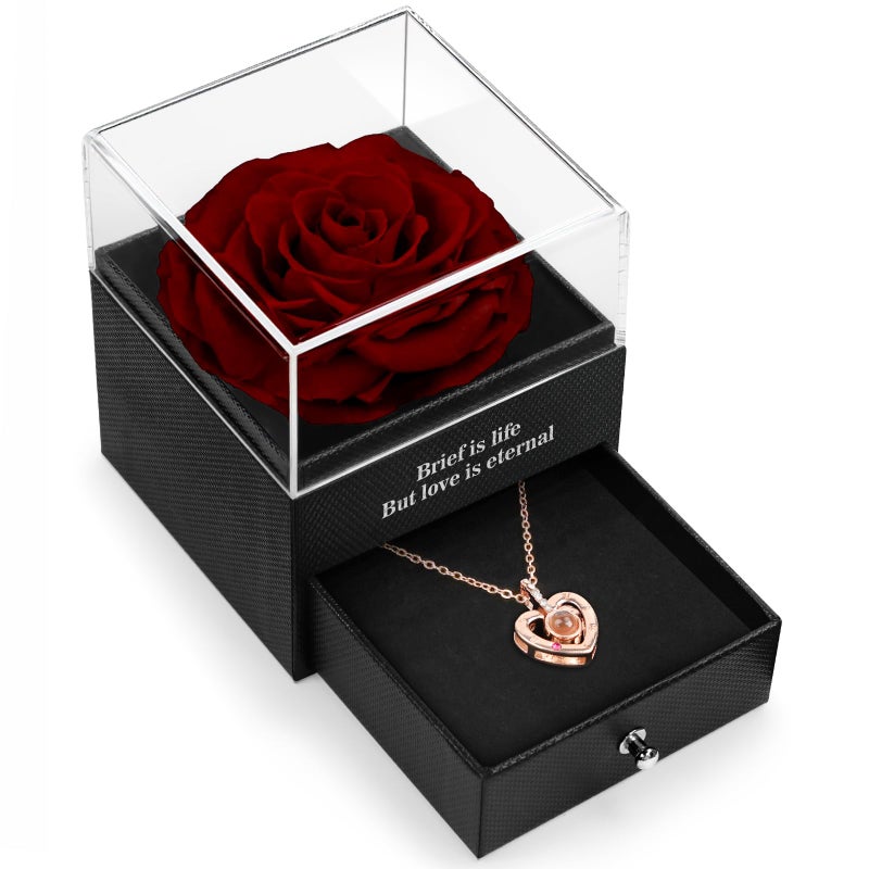 HEGUD for Her Preserved Real Rose with I Love You Necklace in 100 Language Girlfriend Eternal Real Rose Flower Gifts for Women Mom Wife on Valentines Birthday Anniversaries