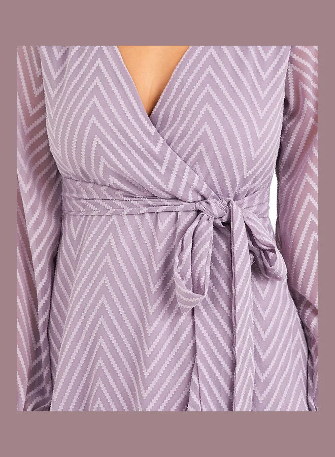 Styli Sheer Volume Sleeves Ruffle Detail Wrap Midi Dress