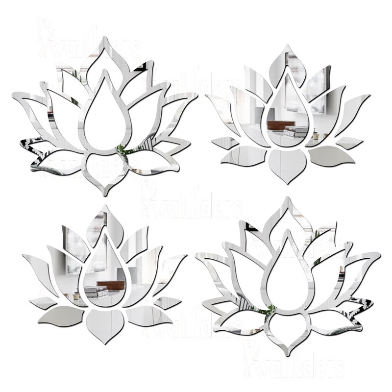Wall1ders Wall1ders Lotus Flower Pack of 2 Silver Mirror Stickers for Wall Acrylic Mirror Wall Decor Sticker Wall Mirror Stickers Acrylic Stickers Wall Stickers for Hall Room Bed Room Kitchen 