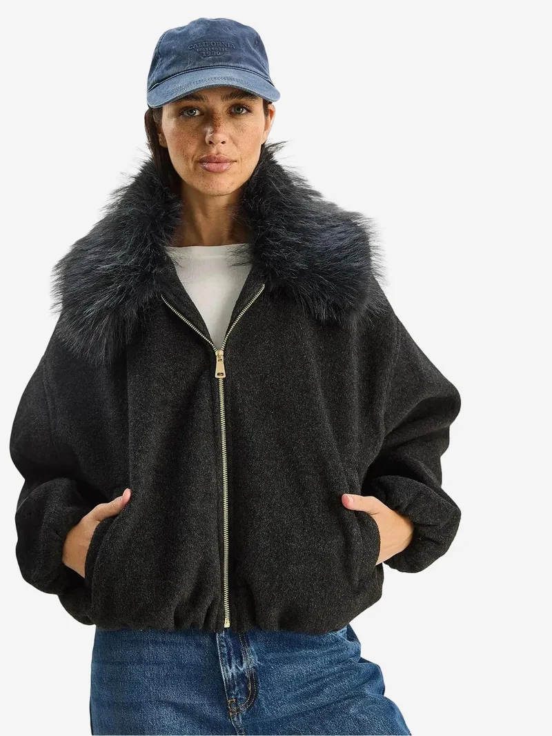 Bianco Lucci LUCCI Oversized Zipper Jacket with Fur Collar
