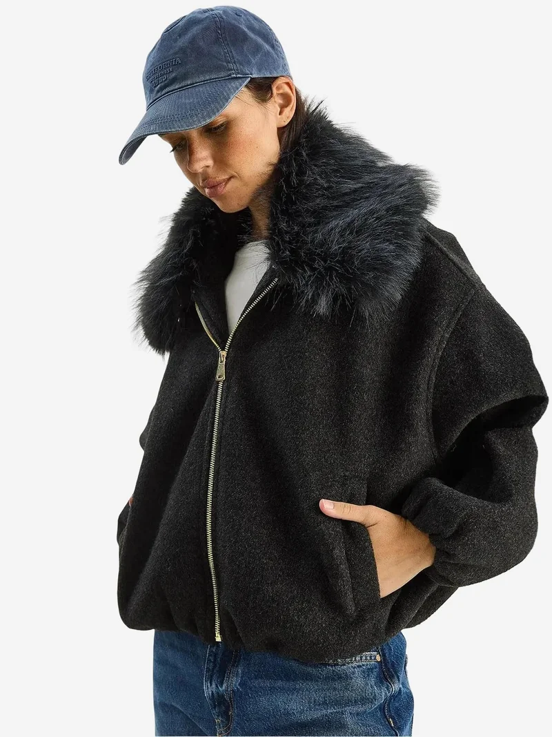 Bianco Lucci LUCCI Oversized Zipper Jacket with Fur Collar