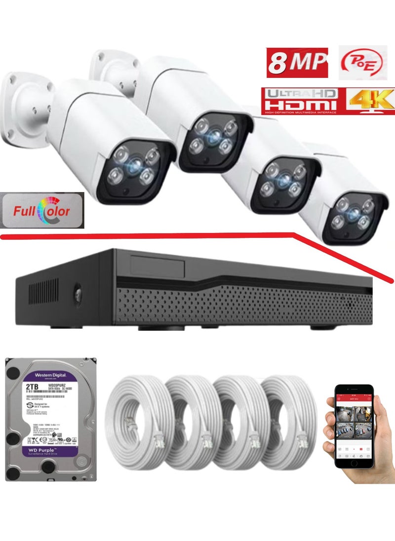 Napco 4 Channel CCTV Combo Set 4K 8 MP IP Full Time Colour Bullet Security Cameras for Home and Office/4CH DVR-4 Outdoor(Bullet) With Mic/Hard Disk /Night Vision/Waterproof/Android and iOs App.