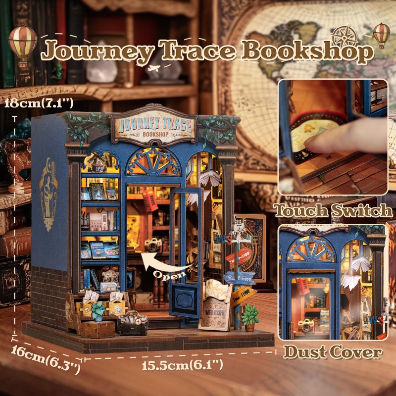 CUTEBEE Book Nook Kit - DIY Miniature House Dollhouse Kit for Adults and Teens, Booknook Tiny House Bookshelf Decor 3D Wooden Puzzle, Gifts for Family, Friends (Journey Trace Bookshop) - Image 3