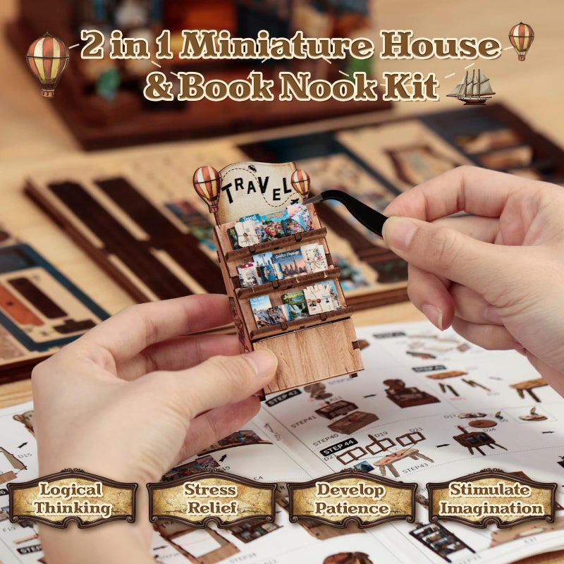 CUTEBEE Book Nook Kit - DIY Miniature House Dollhouse Kit for Adults and Teens, Booknook Tiny House Bookshelf Decor 3D Wooden Puzzle, Gifts for Family, Friends (Journey Trace Bookshop) - Image 5